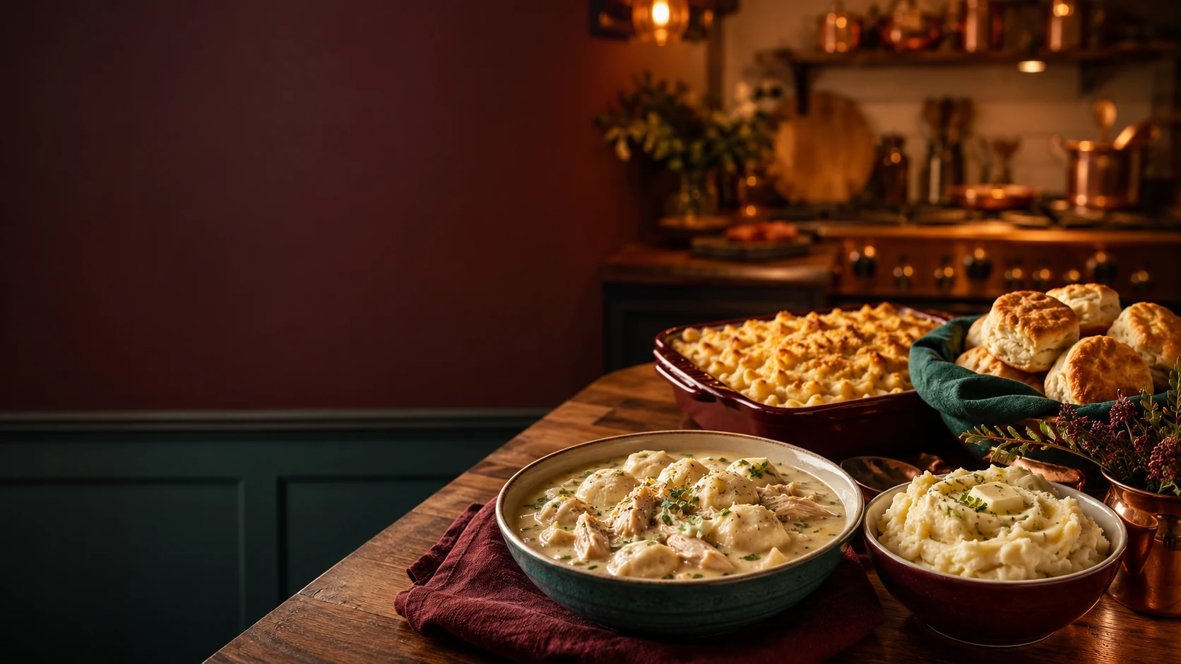 A warmly lit comfort-food kitchen with chicken and dumplings, mashed potatoes, biscuits, and baked macaroni and cheese